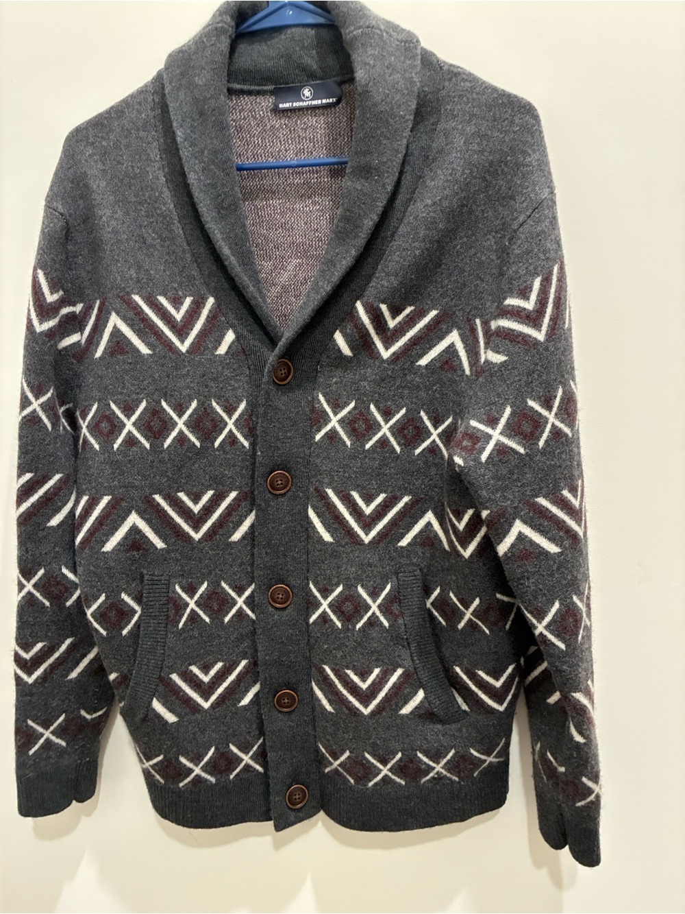 Shawl Collar Geometric Pattern Cardigan Sweater - Charcoal Gray - Picture 1 of 6